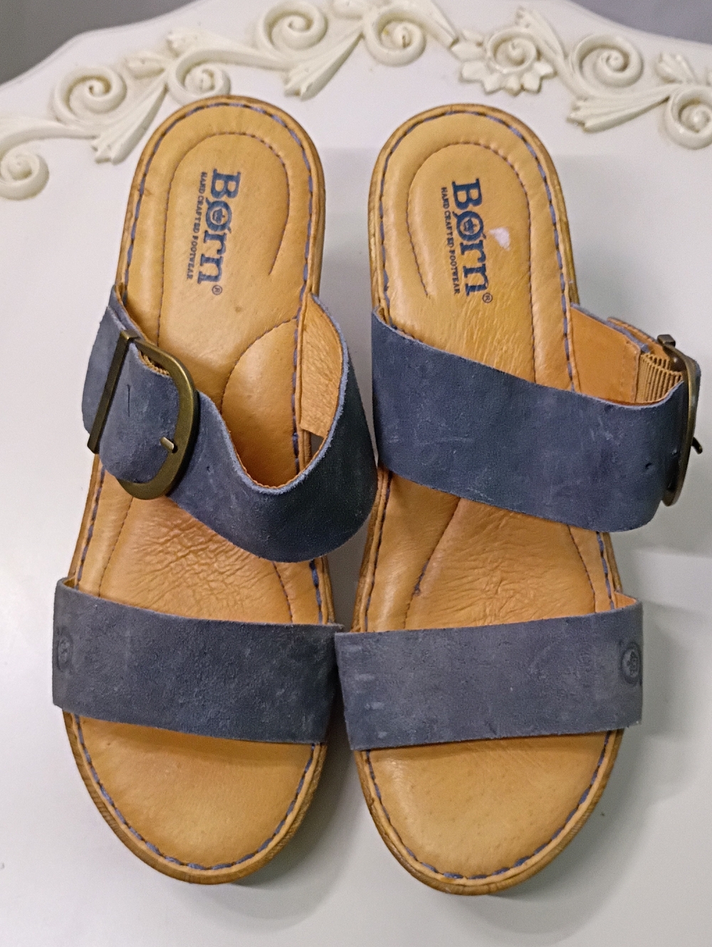 Born Women's Navy Suede Two-Strap Slide Sandals with Buckle